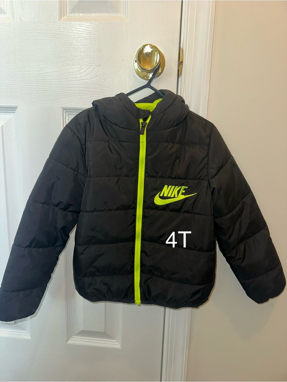 Nike Kids Black Puffer Jacket with Neon Yellow Trim - 4T
